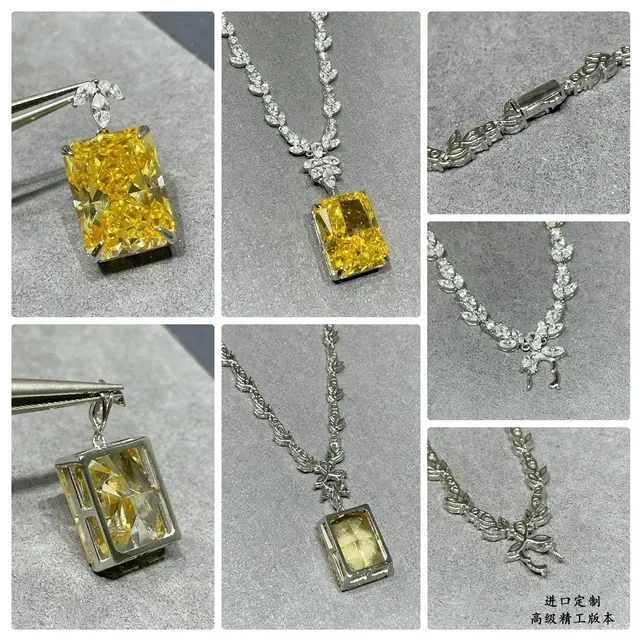 Yellow Silver Leaf-Motif Chain Rectangular Emerald-Cut Gemstone Necklace 2