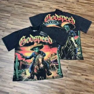 T-shirt noir usé Godspeed imprimé cow-boy extraterrestre