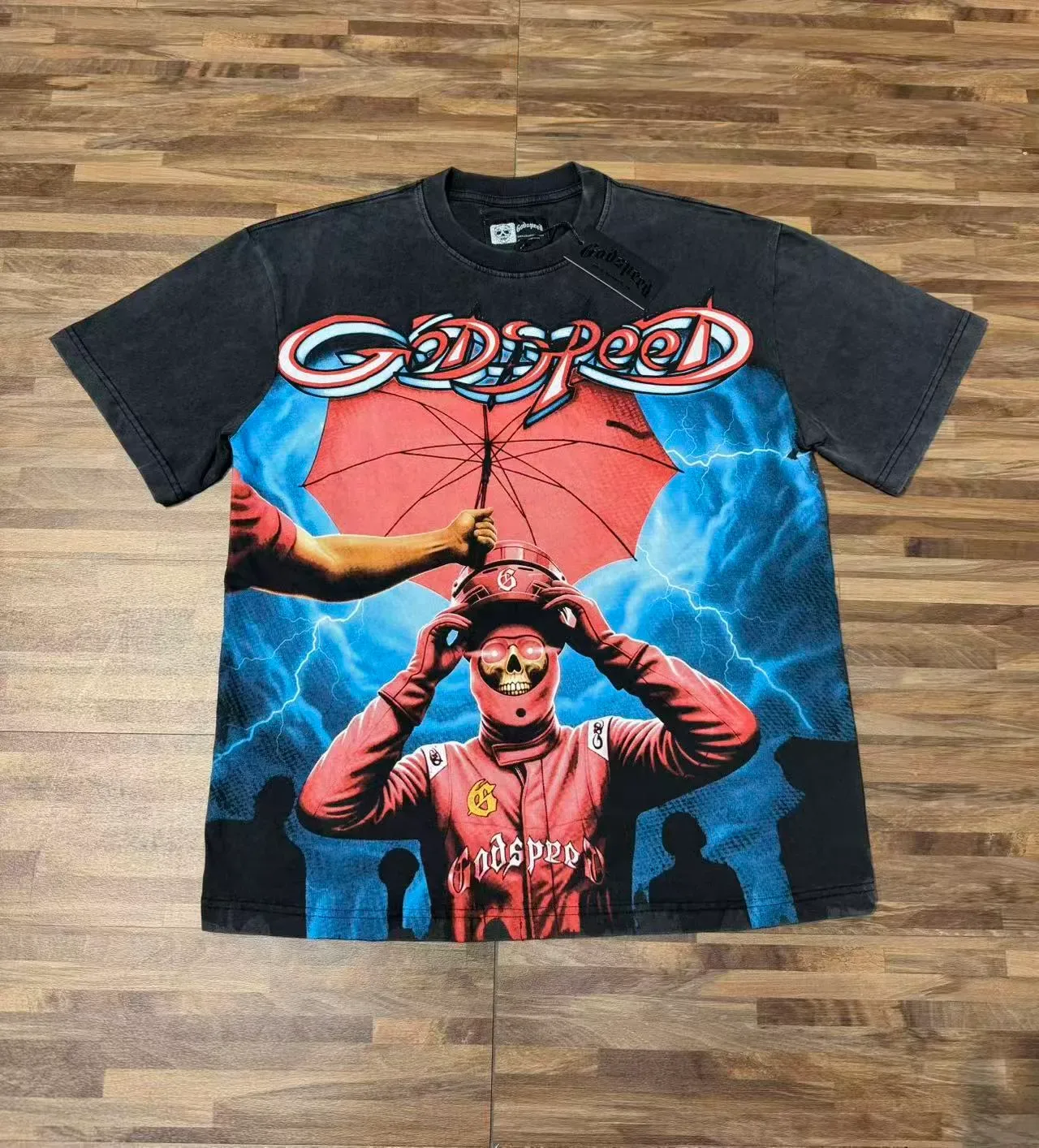 Camiseta negra acid wash con estampado gráfico Godspeed 4