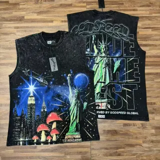Godspeed Graphic-Print Acid-Wash Black Vest Top