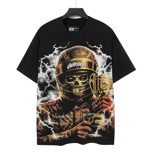 Camiseta negra Godspeed estampado gráfico de casco de calavera de piloto 3