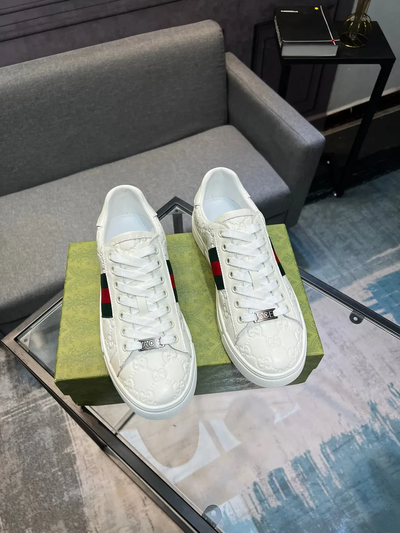 Gucci Ace White Embossed GG Monogram Web Stripe Lifestyle Sneakers 5