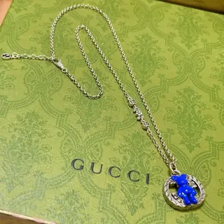 Gucci ভালুক নীল রূপা চেইন এনামেল পেন্ড্যান্ট নেকলেস