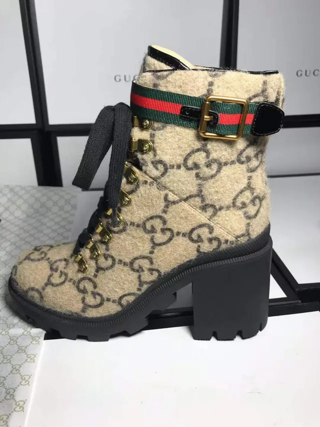 Gucci बेज काला GG Monogram ऊन वेब स्ट्राइप बकल स्ट्रैप एंक्ल बूट 4