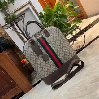 Gucci बेज ब्राउन GG Monogram Canvas Web Stripe Accent Boston Bag