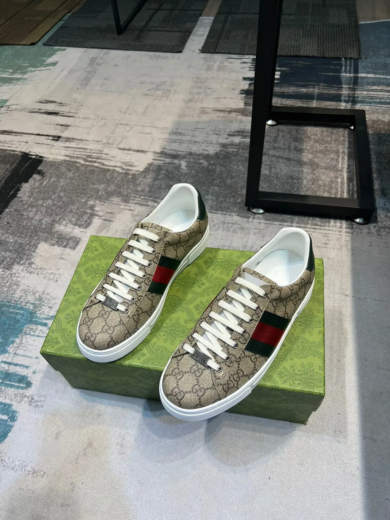 Gucci Sneakers Lifestyle Beige Vert Monogramme Toile Rayures Web 5