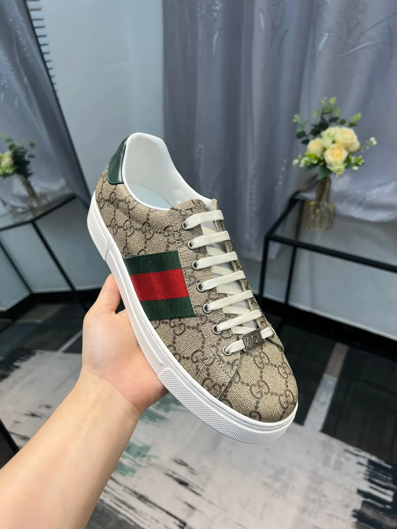 Gucci Sneakers Lifestyle Beige Vert Monogramme Toile Rayures Web 6