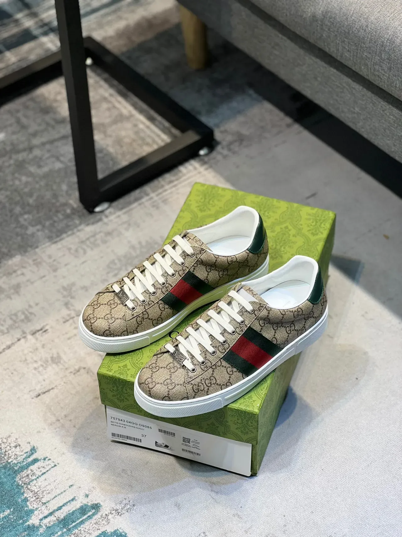 Gucci Sneakers Lifestyle Beige Vert Monogramme Toile Rayures Web 7