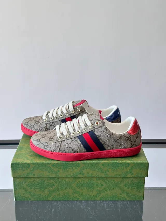 Gucci Beige Red Monogram Canvas Web Stripe Detail Lifestyle Sneakers 5