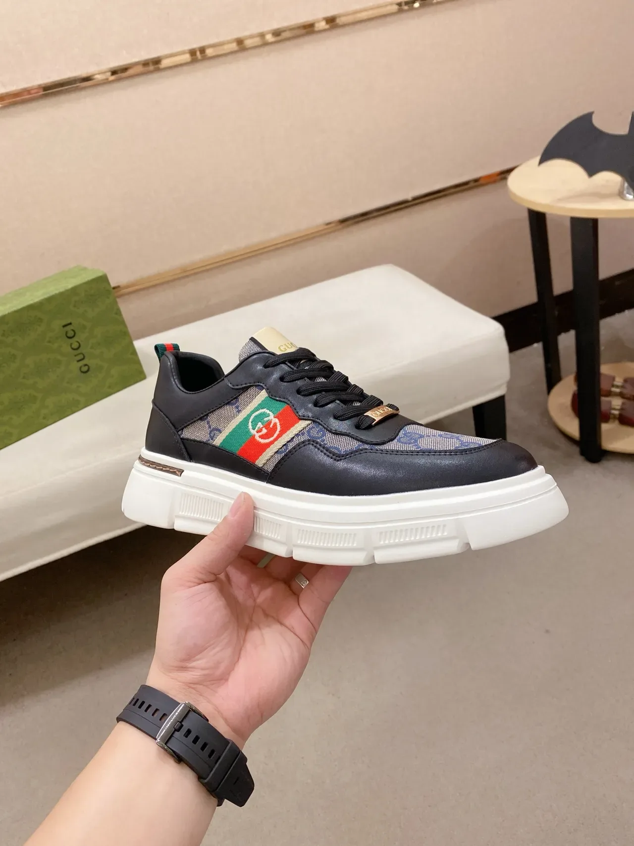 Gucci Black Beige Chunky Platform Sole Leather And GG Canvas Upper Lifestyle Sneakers 4