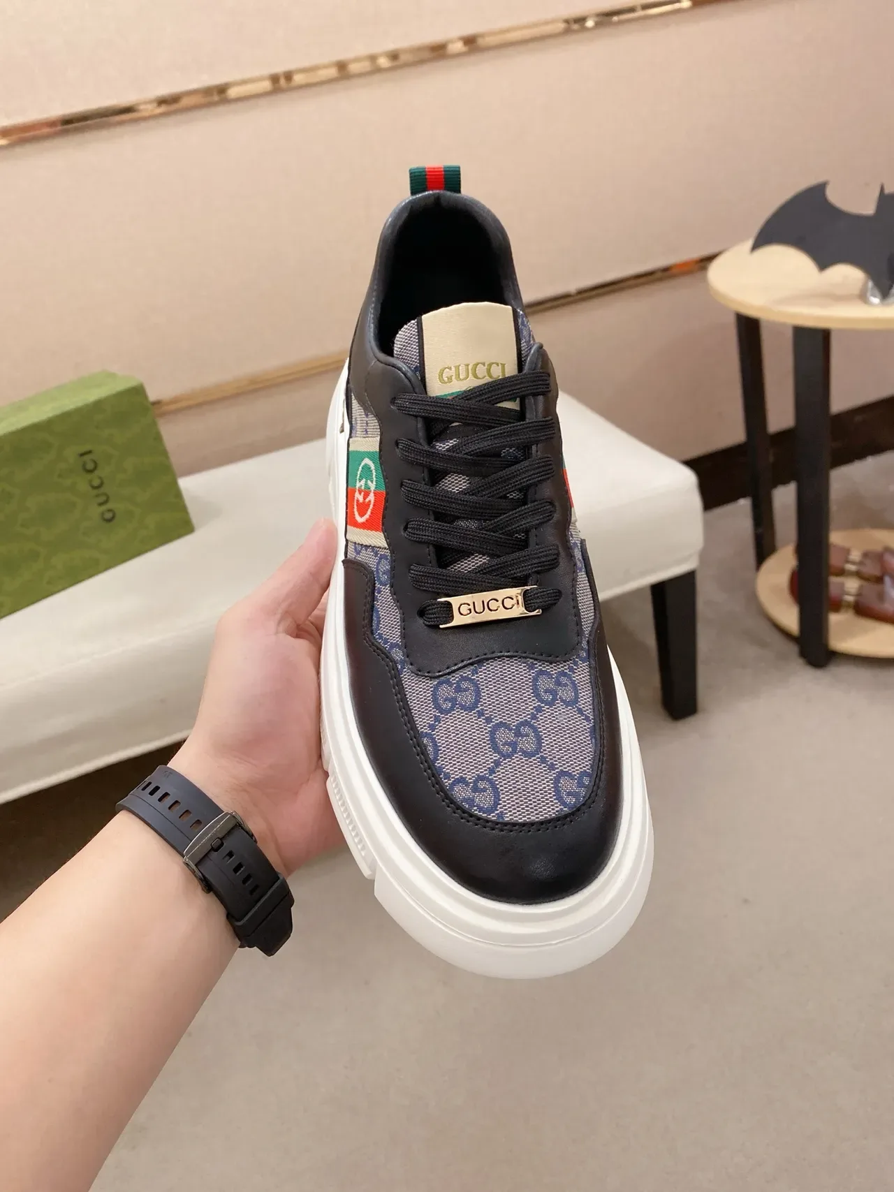 Gucci Black Beige Chunky Platform Sole Leather And GG Canvas Upper Lifestyle Sneakers 5