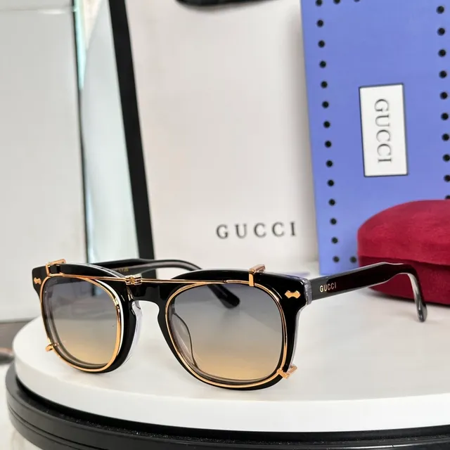 Gucci Gafas de Sol Negro Dorado Doble Marco Lente Redonda 2