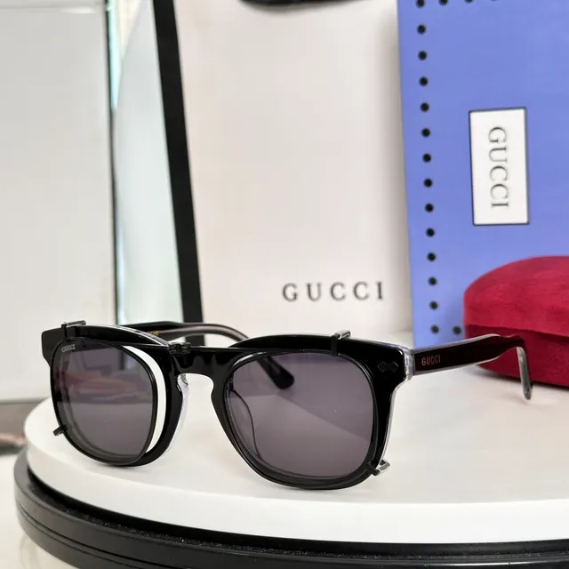 Gucci Gafas de Sol Negro Dorado Doble Marco Lente Redonda 5