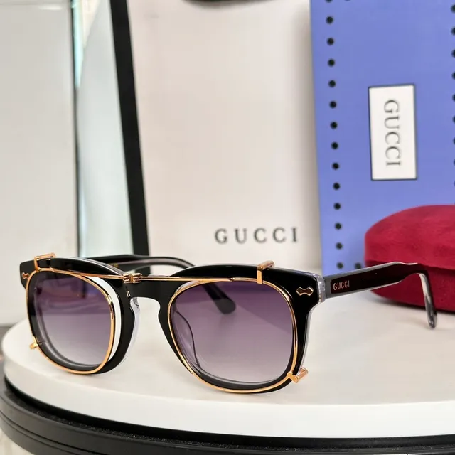 Gucci Gafas de Sol Negro Dorado Doble Marco Lente Redonda 7