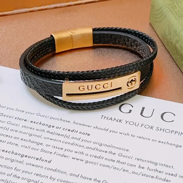 Gucci Black Gold Double-Wrap Braided Leather Bracelet 2