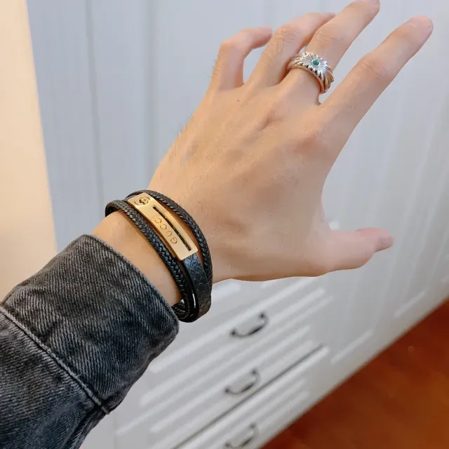 Gucci Black Gold Double-Wrap Braided Leather Bracelet 9