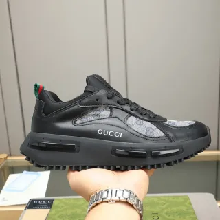 Gucci Black Gray Leather And GG Monogram Canvas Upper Sculpted Air-Unit Midsole Chunky Sneakers
