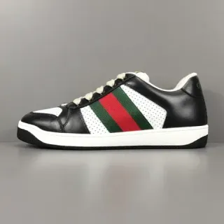 Gucci أسود أبيض جلد مثقوب تفاصيل شريط ويب سنيكرز أسلوب حياة