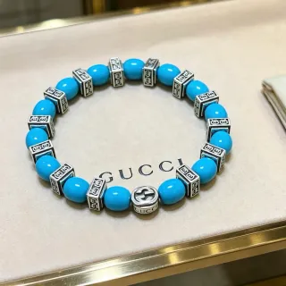 Gucci 蓝色银色串珠 互锁 G 标志 手链