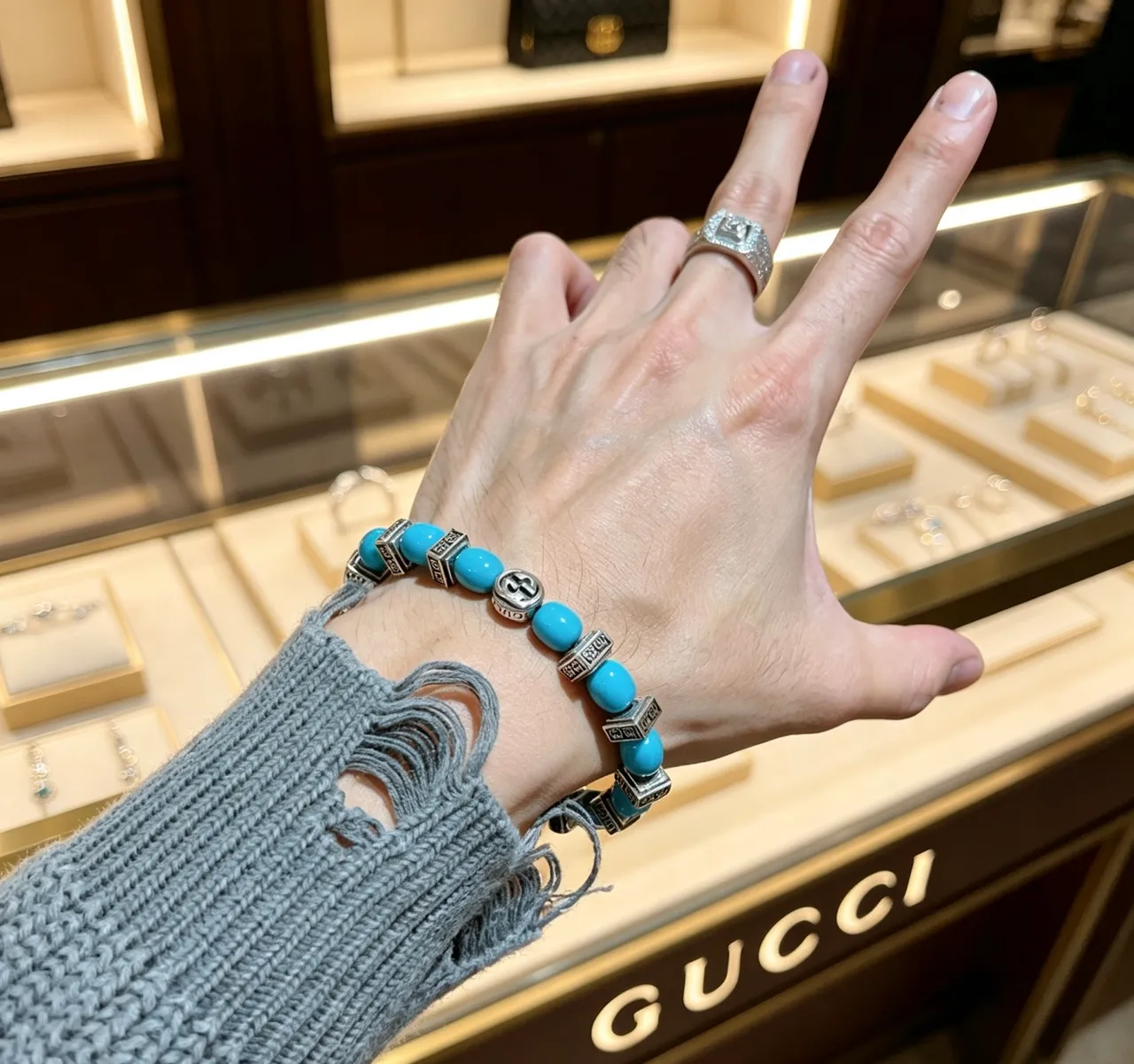 Gucci Blue Silver Beaded Interlocking G Logo Bracelet 4