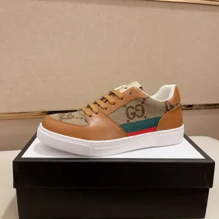 Gucci Marrón Beige Monograma Lona Cuero Superposiciones Zapatillas Lifestyle