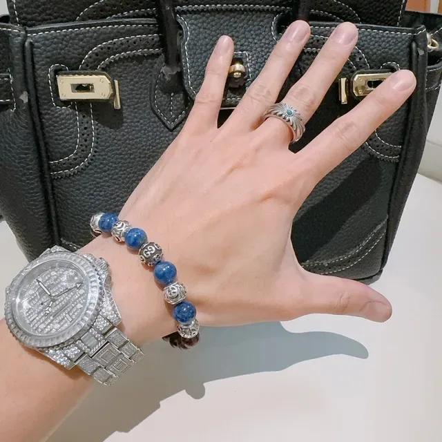 Gucci Brown Blue Beaded Stretch Design Polished Gemstone-Style Beads Bracelet 8