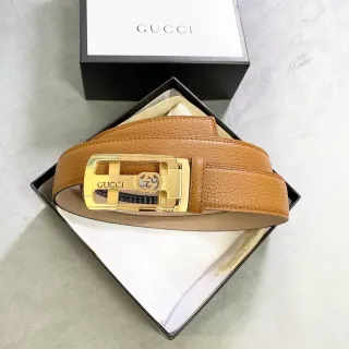 Gucci Brown Gold Pebbled Rectangular Buckle Leather Belt