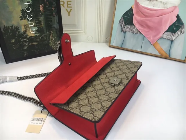 Gucci Dionysus Beige Red GG Monogram Canvas Leather Flap Trim Handbag 22