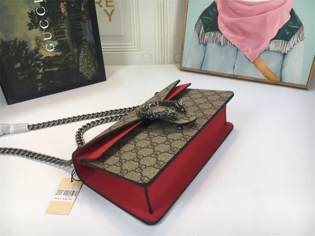 Gucci Dionysus Beige Red GG Monogram Canvas Leather Flap Trim Handbag 23