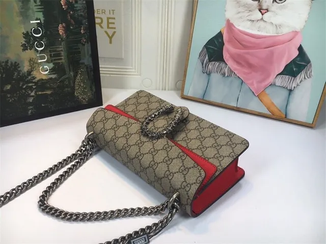 Gucci Dionysus Beige Red GG Monogram Canvas Leather Flap Trim Handbag 24