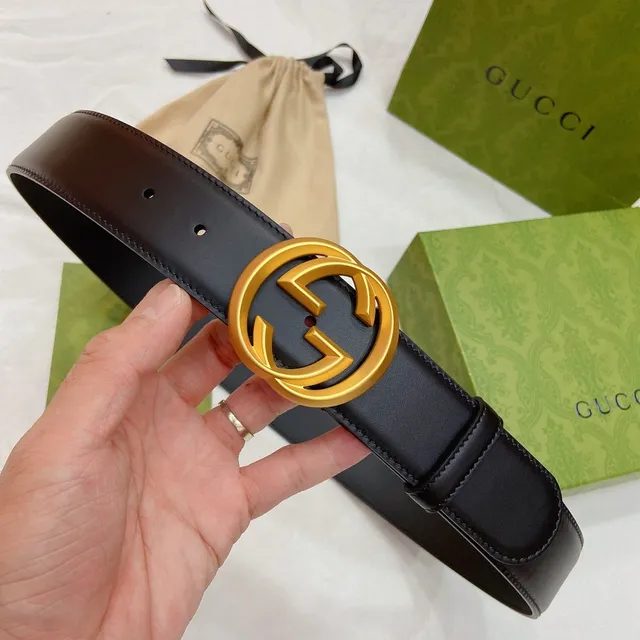Gucci Double G Belt جلد أسود مشبك ذهبي حزام جلد 8