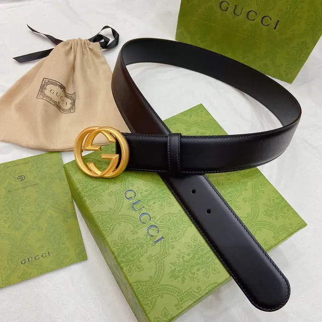 Gucci Double G Belt جلد أسود مشبك ذهبي حزام جلد 9
