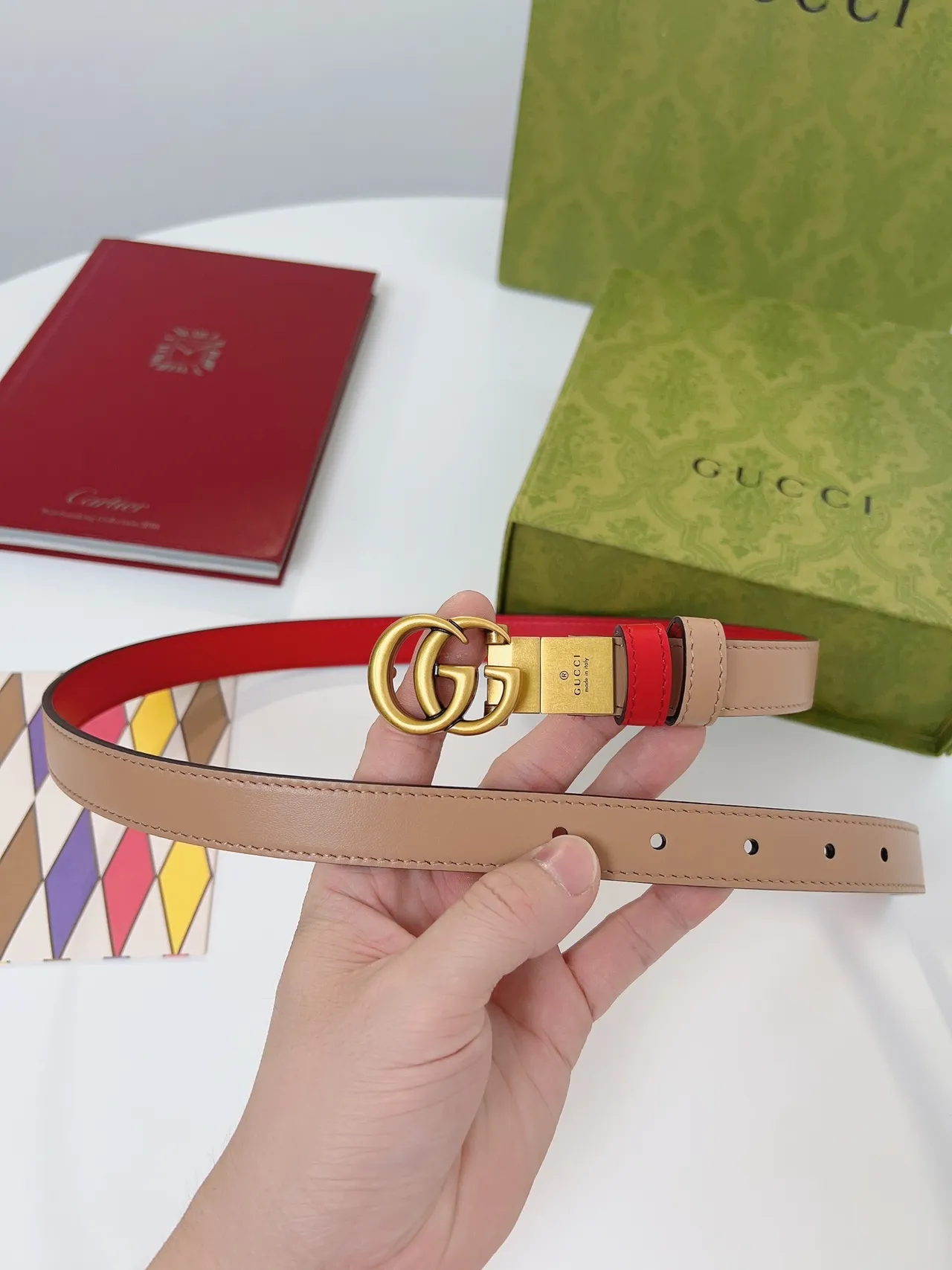 Gucci Double G Correa Rojo y Beige de Cuero 2