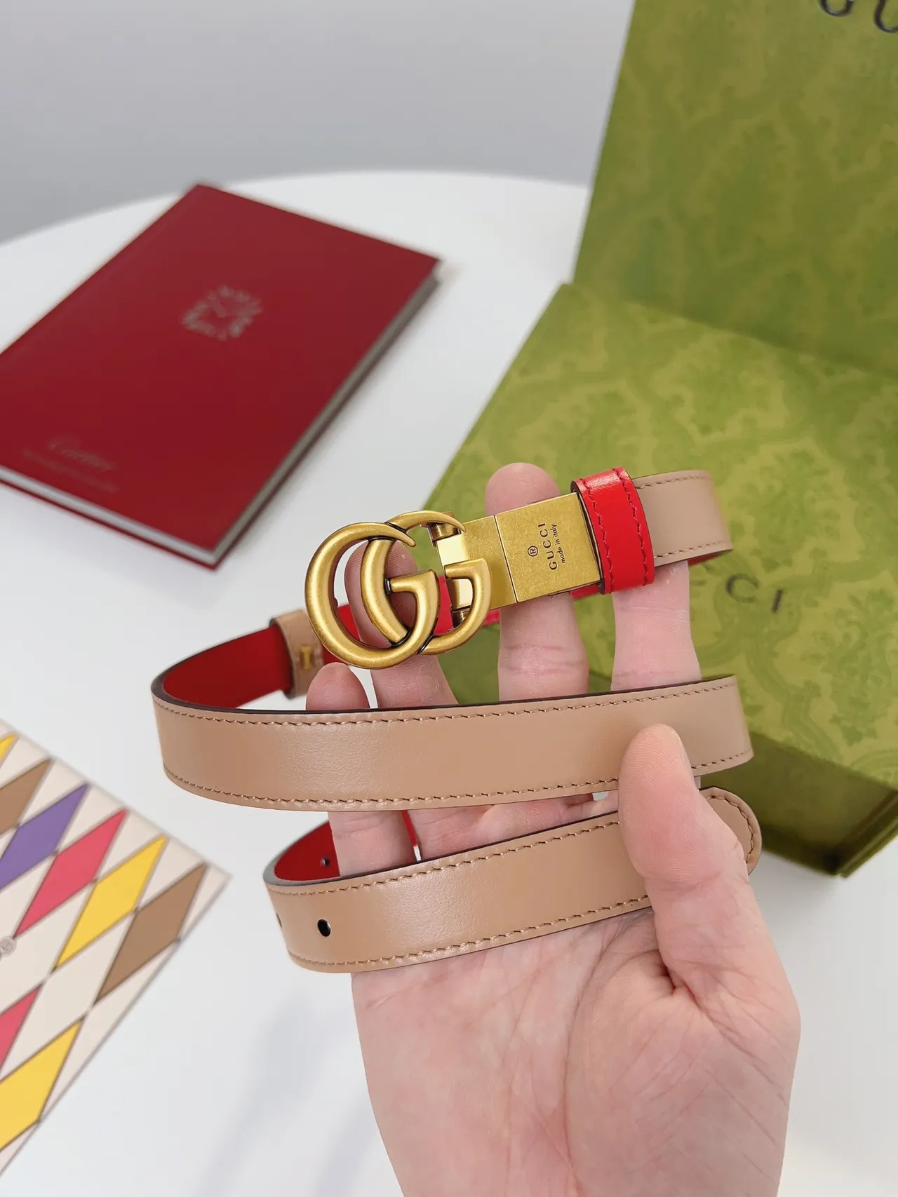 Gucci Double G Correa Rojo y Beige de Cuero 5