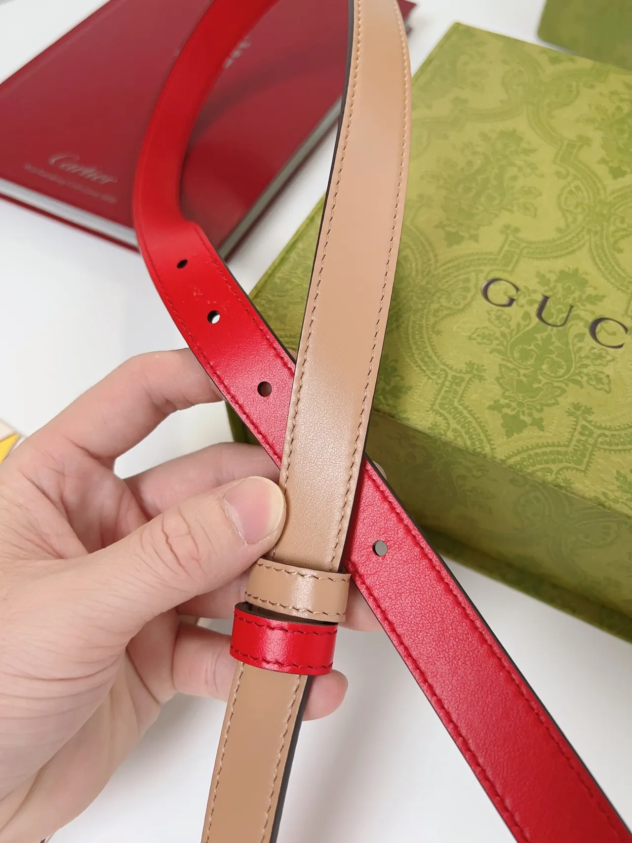Gucci Double G Correa Rojo y Beige de Cuero 6