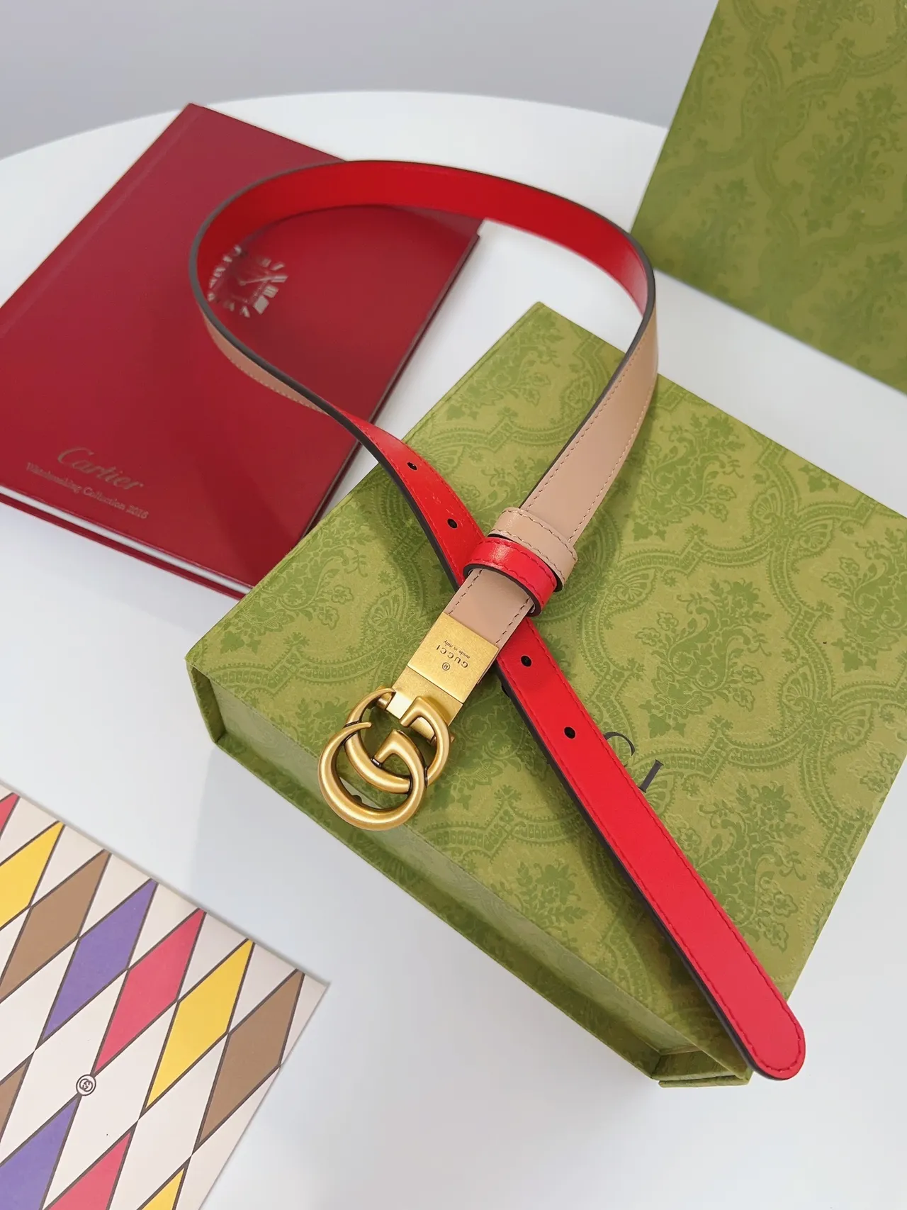 Gucci Double G Correa Rojo y Beige de Cuero 7