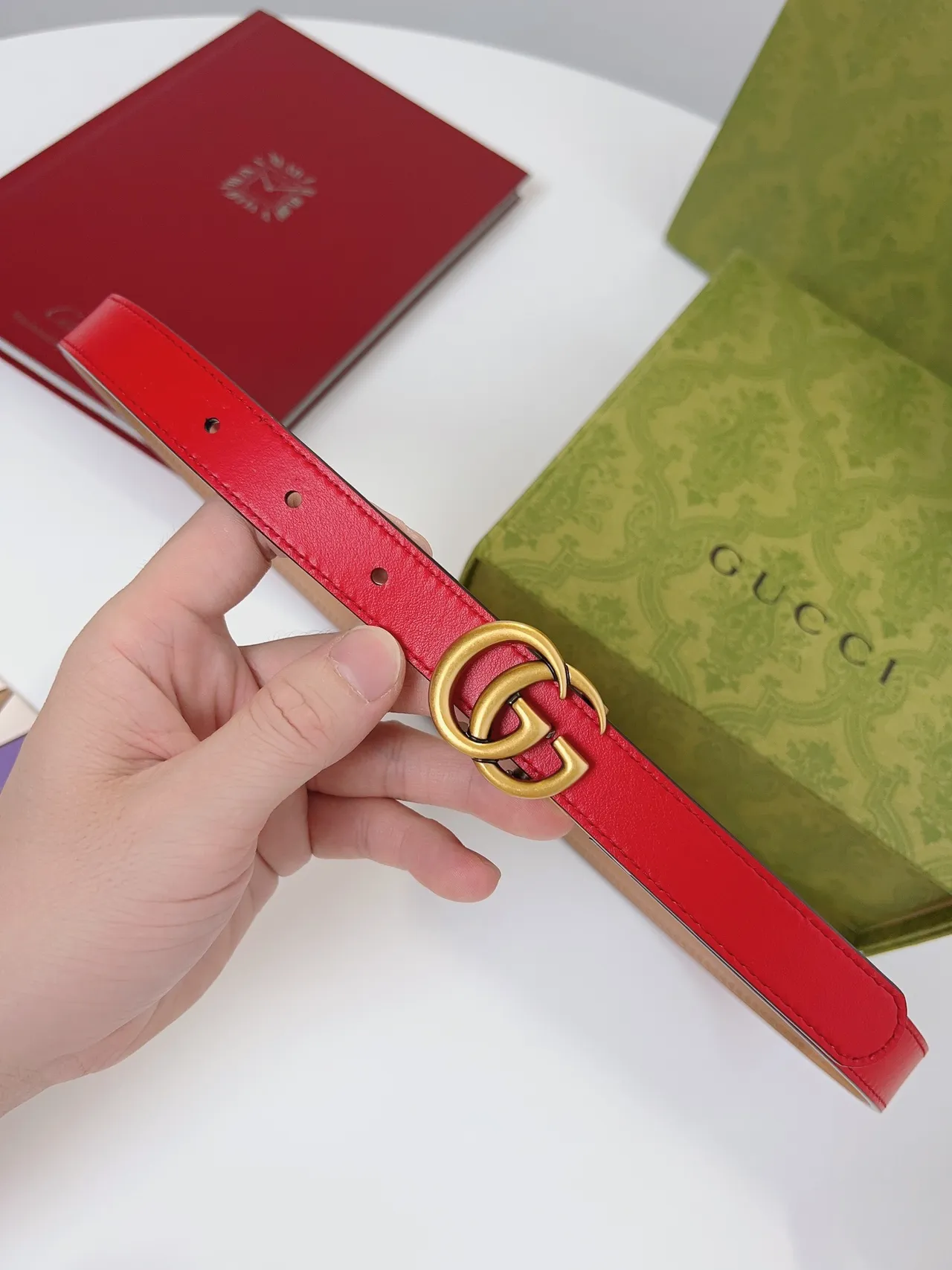 Gucci Double G Correa Rojo y Beige de Cuero 8