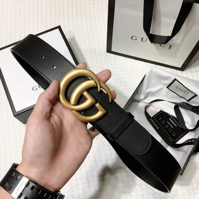 Gucci GG Marmont 黑色金色光滑互锁G扣皮革腰带 4