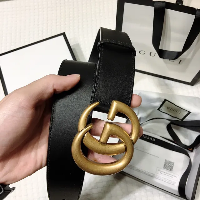 Gucci GG Marmont 黑色金色光滑互锁G扣皮革腰带 5