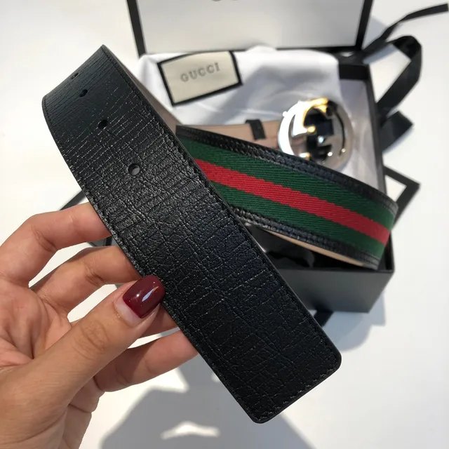 Gucci GG Marmont 黑色绿色 interlocking G 扣头 网纹条纹细节 皮革腰带 2