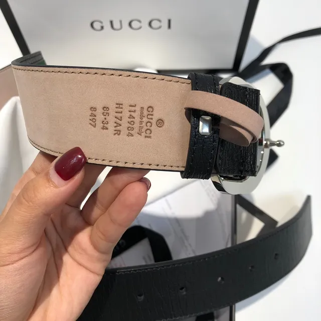Gucci GG Marmont 黑色绿色 interlocking G 扣头 网纹条纹细节 皮革腰带 3