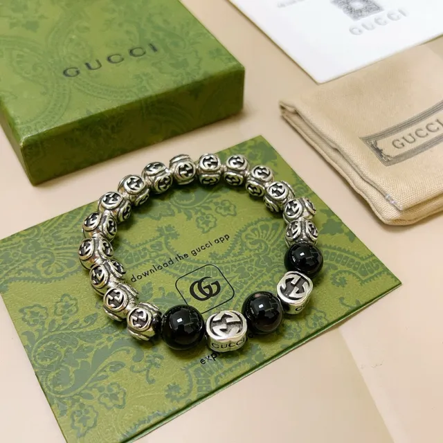 Gucci GG Marmont Preto Prateado Interlocking G Logo Miçangas Brilhante Esférico Pulseira 3
