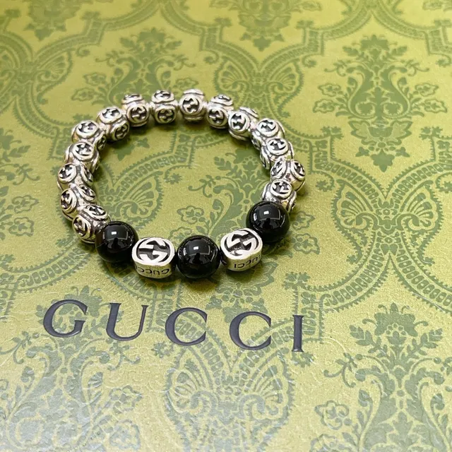 Gucci GG Marmont Preto Prateado Interlocking G Logo Miçangas Brilhante Esférico Pulseira 4