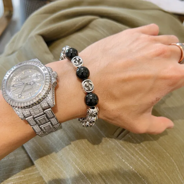 Gucci GG Marmont Preto Prateado Interlocking G Logo Miçangas Brilhante Esférico Pulseira 5