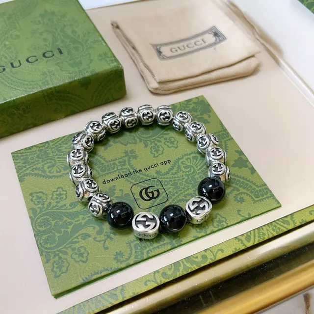 Gucci GG Marmont Preto Prateado Interlocking G Logo Miçangas Brilhante Esférico Pulseira 6