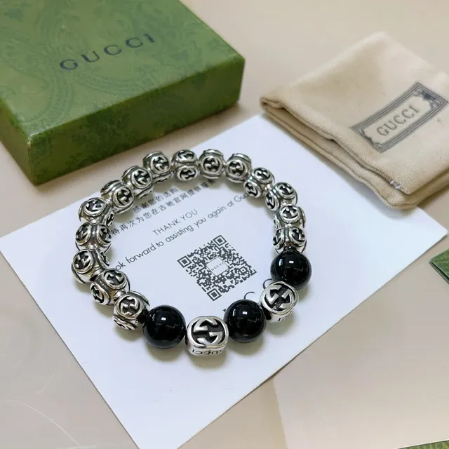 Gucci GG Marmont Preto Prateado Interlocking G Logo Miçangas Brilhante Esférico Pulseira 7