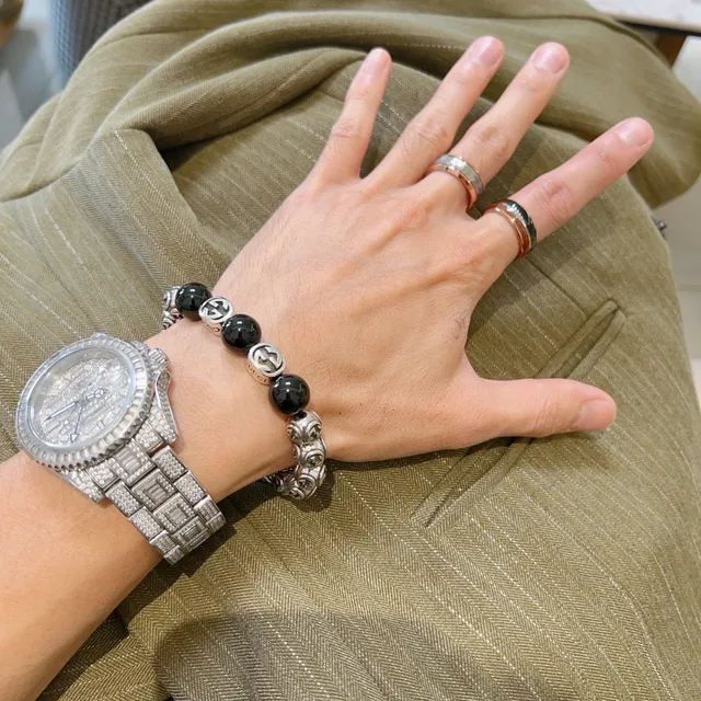 Gucci GG Marmont Preto Prateado Interlocking G Logo Miçangas Brilhante Esférico Pulseira 8