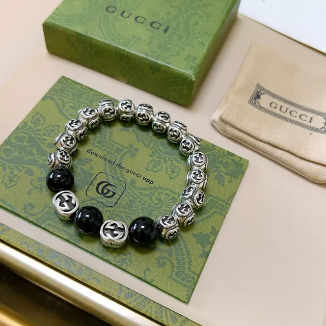 Gucci GG Marmont Preto Prateado Interlocking G Logo Miçangas Brilhante Esférico Pulseira 9