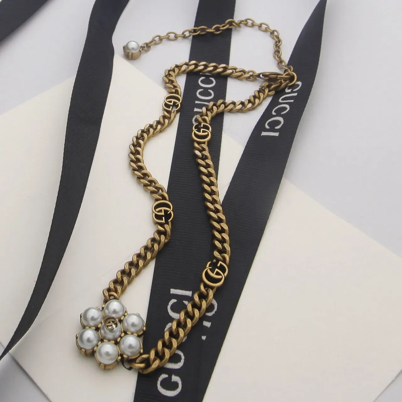 Gucci GG Marmont Pearl Cluster Gold-Tone Chain Necklace 4
