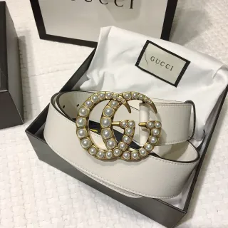 Gucci GG Marmont 珍珠点缀米白色皮革腰带